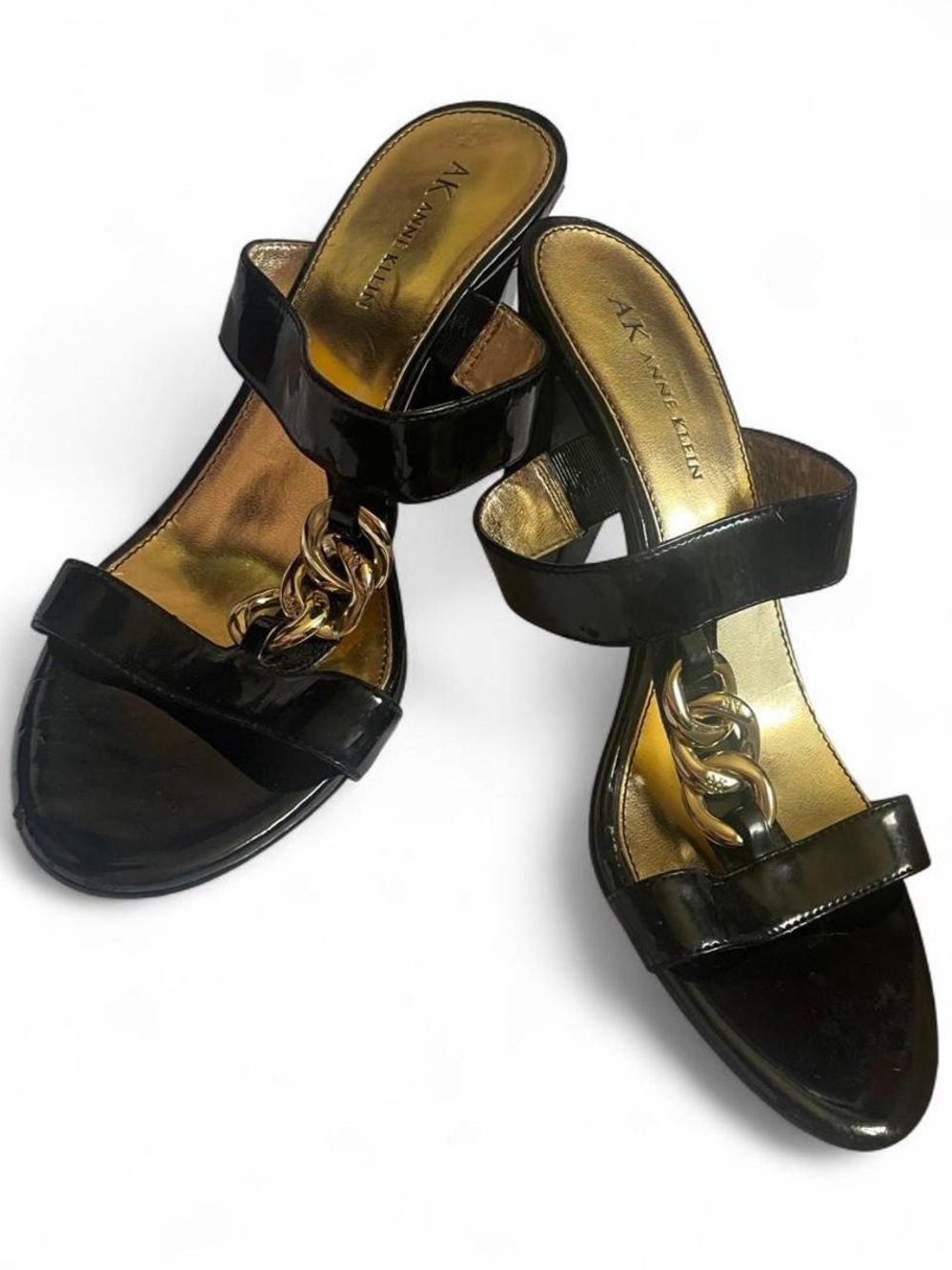 Mobwife/Mcbling • Anne Klein Black/Gold Chain Leather 3.5 inch Heels • SIZE - 8